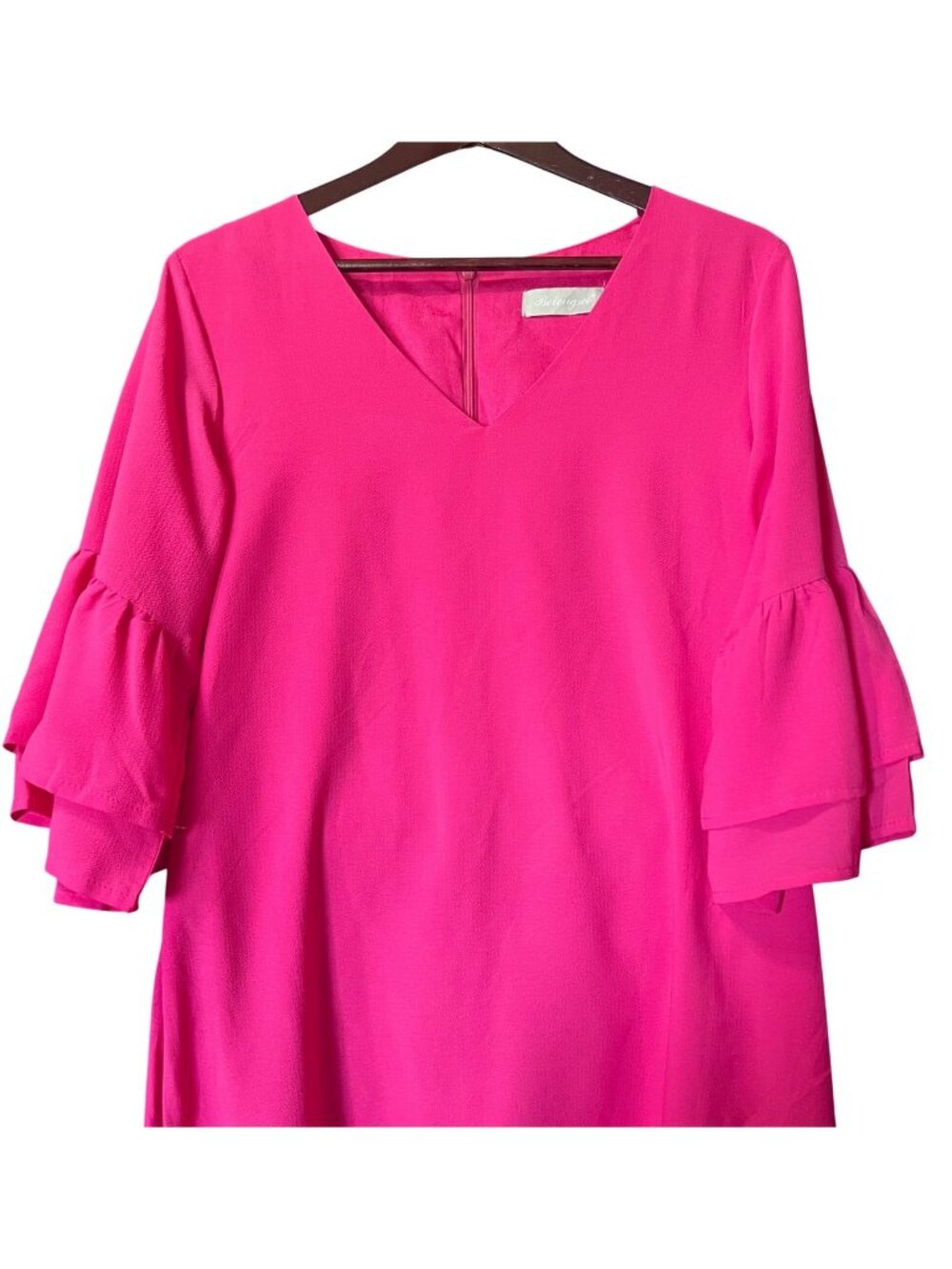 Belongsci Hot Pink V-Neck Shift Dress Ruffle 3/4 Sleeve Womens Size M